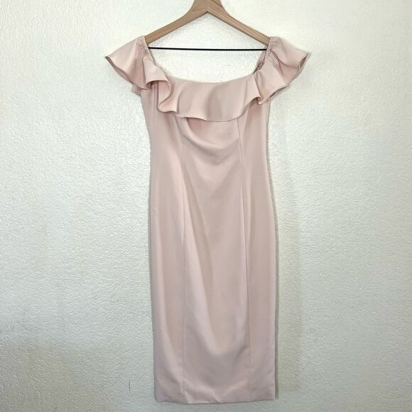 JAY GODFREY Rollins Off Shoulder Midi Blush Nude Dress Ruffle Size - Picture 2 of 13